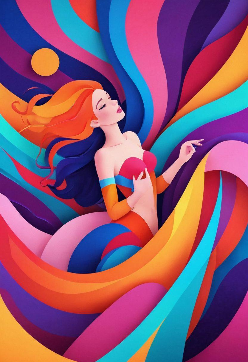 A captivating scene of a vibrant animated world, filled with colorful characters expressing passion and intimacy in a playful, whimsical manner. Include abstract shapes and flowing lines representing emotions intertwining, with a soft glow illuminating the background. Emphasize a sense of adventure and sensuality through dynamic poses and alluring expressions. The color palette should be rich and vivid, enticing the viewer's senses. 3D animation style. vibrant colors.