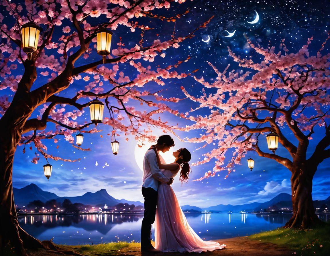 A romantic scene depicting a couple entwined in a heartfelt embrace, surrounded by beautiful cherry blossom trees, with glowing lanterns illuminating the night sky. Include subtle hints of fantasy elements like sparkles and soft anime-style hearts in the background. The characters should have strikingly expressive faces, radiating love and connection. Use a vibrant color palette that conveys deep emotions. super-realistic. vibrant colors.
